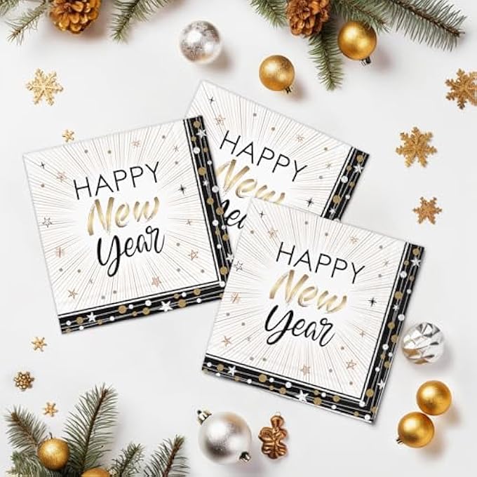 50 HAPPY NEW YEAR PAPER NAPKINS DISPOSABLE BLACK GOLD PARTY DINNER NAPKIN - Image 3